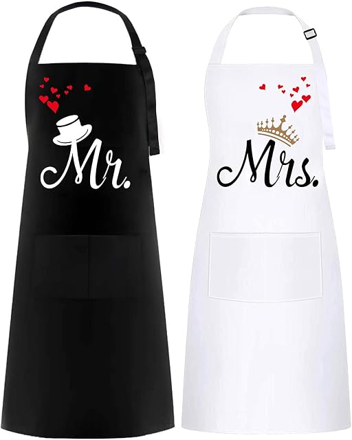 FunChaos 2 PCS Mr. & Mrs. Couple Aprons Set, Wedding Gift for Couple, Kitchen Waterproof Aprons, Apron for Women and Men, Perfact As Gift for Engagement, Anniversary, Valentines Day (White& Black)
