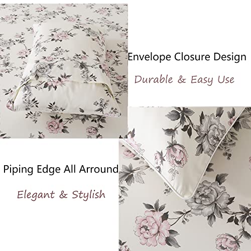 Fadfay Floral Sheets Set Queen Vintage Rose Floral Bedding Shabby Grey And Pink Peony Printed Sheets Farmhouse Bedding 800 Thread Count 100% Egyptian Cotton Deep Pocket Fitted Sheet 4Pcs, Queen Size #TOP3