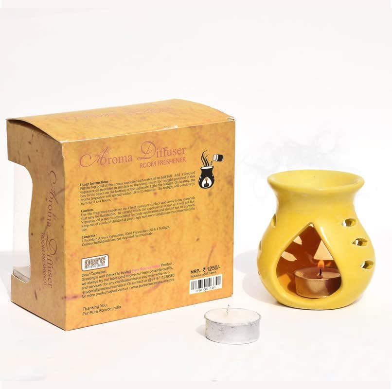 Image of Pure Source India Ceramic Aroma Oil Diffuser Gift Set with 10ML Relaxing Oil & Tealight Candles | 97 Burner for Home Fragrance & Relaxation | Ideal for Gifting & Home Decor (Yellow)