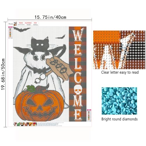Rousp DIY Halloween Diamond Painting Art Kits for Adults Black Cat Ghost Boo Pumpkin Diamond Painting Round Drill Art Craft Kits for Home Wall Decor Gifts 16x20inch