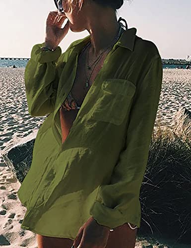 Image of Bsubseach Women Long Sleeve Beach Shirt Blouses Bathing Suit Cover Up Button Down Collar