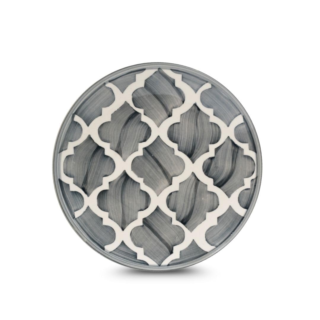 aDai Premium Moroccan Ceramic Quarter Side Plates for Snacks & Gifting, Microwave & Dishwasher Safe | Perfect for Pasta, Breakfast, Lunch, Dinner for Home, Kitchen or Café (Set of 1, 8.07 Inch, Grey)