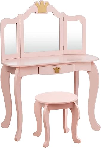 Miniatura 3 de HONEY JOY Vanity - Juego de mesa y silla de maquillaje con temática de corona con cajón y espejo de tres pliegues, espejo desmontable, juego de