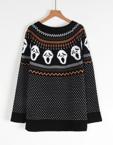 Image of Women's Fair Isle Sweaters Long Sleeve Crew Neck Loose Casual Halloween Pullover Sweater Black X-Large
