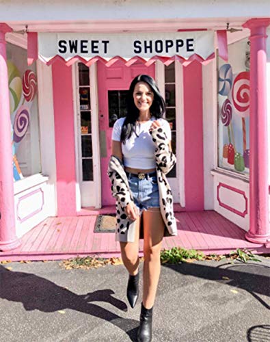 BTFBM Women Chic Leopard Print Cozy Sweater Pockets Button Down Open Front Loose Knitted Long Cardigan with Sleeves (Apricot, Medium)