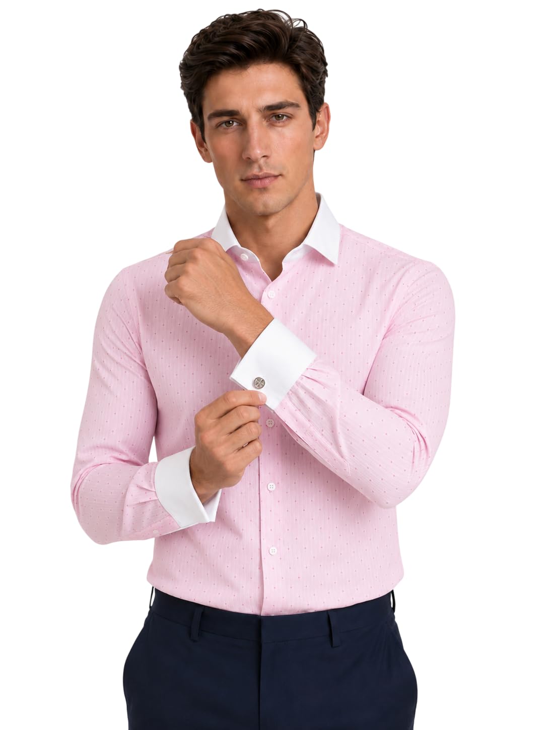 livik Men's Dotted Pure Cotton French Cuff Formal Shirt | White Contrast Collar-picture-44