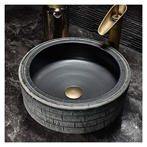 SAeWare Fregadero vintage de cerámica con textura de ladrillo, cuenco artístico sobre el mostrador, lavabo de porcelana duradera para baño