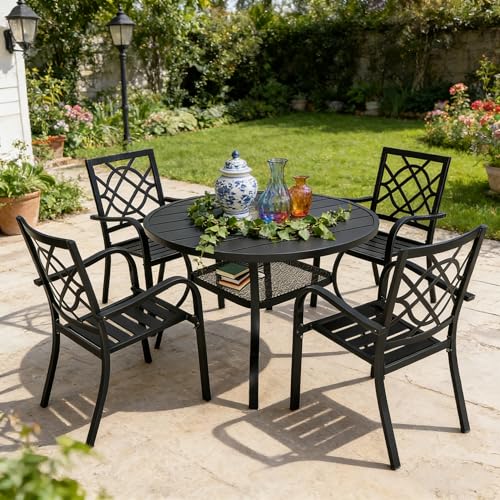 Image of SUNCROWN 5-Piece Outdoor Dinging Set, Wrought Iron Chairs and Table Patio Dining Furniture Set - 4 Stackable Metal Chairs, 1 42 inch Round Steel Slat Bistro Table for Garden Backyard Deck