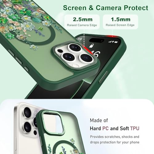 Image of Magnetic for iPhone 16 Pro Max Case with for Women, Green Floral | Pretty Oil Painting Flower Pattern Design [Compatible with MagSafe] Shockproof Slim Translucent Matte Non-Slip Cover