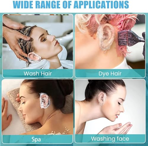 Image of DENMILE 200 PCS Clear Waterproof Ear Protectors Disposable Ear Covers for Bathing Hair Dye Shower & Hair Care Ear Cover for Bathing Salon Accessories Ear Caps for Shower Ear Cover Ear Cap