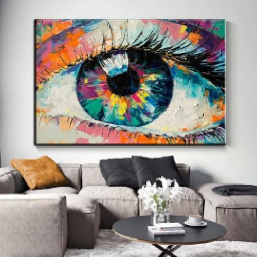 Peinture sur toile abstraite colorée œil tableau mural salon cadre 60x90