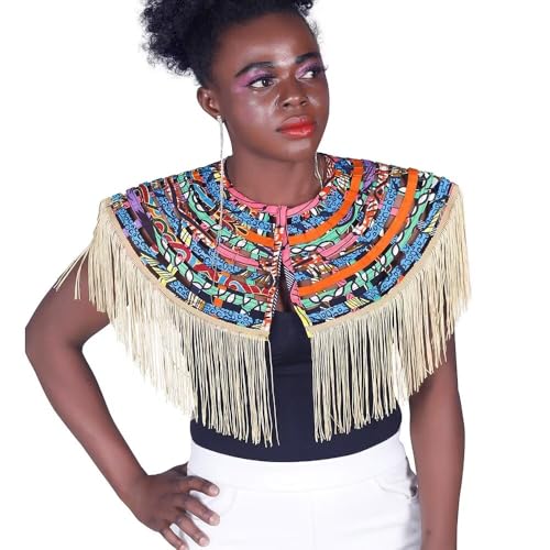 HollandaisWax Women's Shawl Wraps Neckpiece Handmade Ankara African Print Hollow Tassels Shawls Necklace Accessory