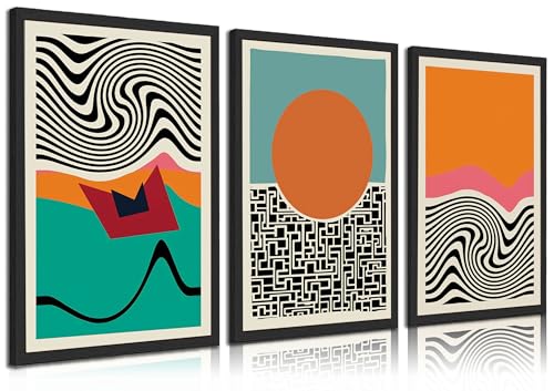 3Pcs Boho Mid Century Modern Canvas Wall Art Abstract Color Block Geometric Posters Prints Colorful Simple Line Wall Decor Pictures for Living Room Bedroom Home Decoration Unframed