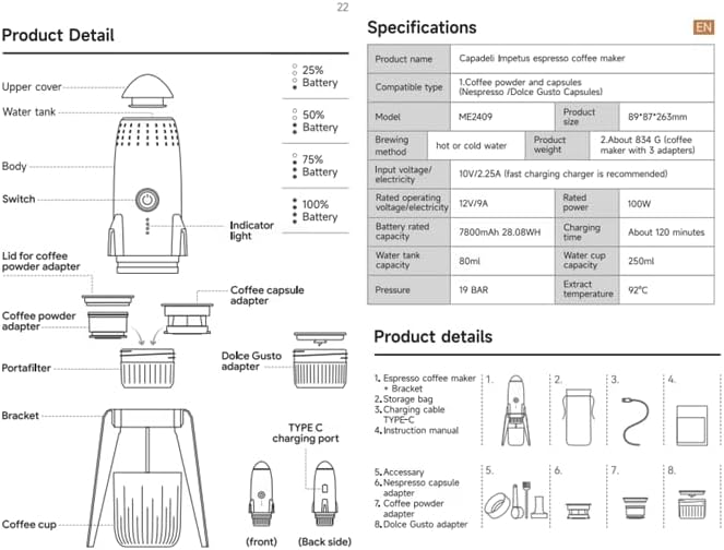 Diagram showing the dimensions and technical specifications of the Omana Portable Coffee Machine.