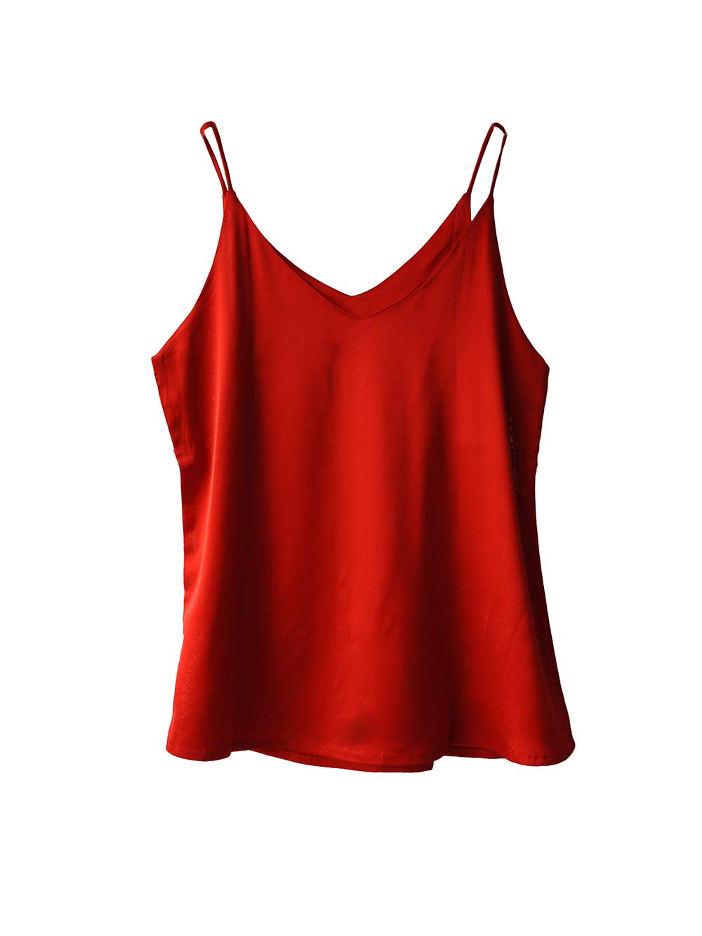 Wantschun Womens Silk Satin Camisole Cami Plain Strappy Vest Top T-Shirt Blouse Tank Shirt V-Neck Spaghetti Strap Basic - Red, L