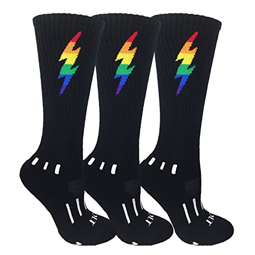 3-Pack Youth Black with Rainbow Knee-High Lightning Insane Bolt Soccer Socks