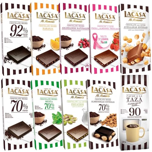 Lacasa pack 10 tabletas: cacao taza,avellanas,naranja,arandanos,pistacho,fresa y almendra,negro 70%,menta,92% cacao,negro 70% almendra