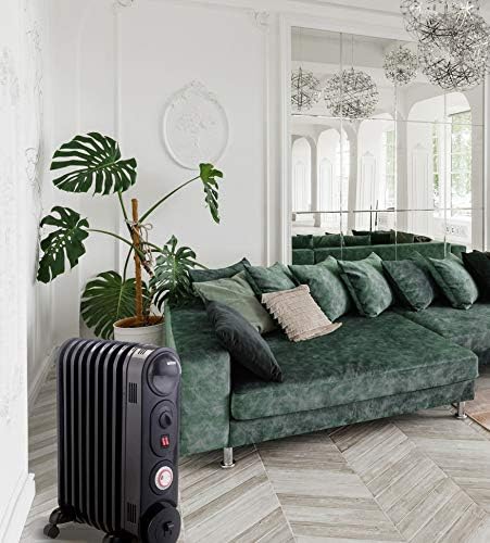 MYLEK Oil Filled Radiator Electric Heater, 2KW Portable, Thermostat & 24hr Repeat Timer, 3 Heat Settings (No Sharp Edge Fins, Safe Modern Design), Black