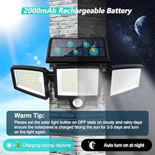 Tuffenough Solar Outdoor Lights 2500LM 210 LED Security Lights with Remote Control,3 Heads Motion Sensor Lights, IP65 Waterproof,270° Wide Angle Flood Wall Lights with 3 Modes(2 Packs)