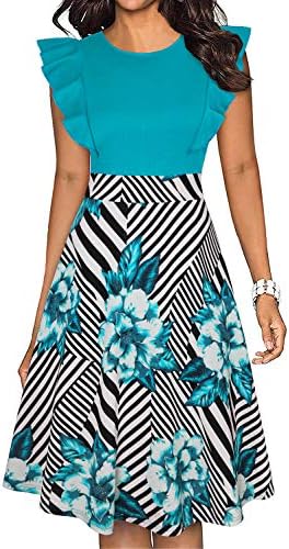 IHOT Women's Wear to Work Dress Vintage Ruffle Floral Flared A Line Swing Casual Cocktail Party Dresses with Pockets Green Flower Medium