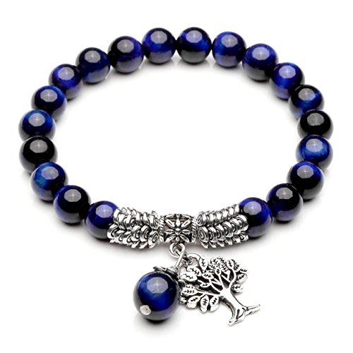 Top Plaza Stretch Blue Tiger Eye Tree of Life Lucky Stone Bracelet Reiki Healing Crystal Gemstone Dangle Charms Pendant Birthstone Bracelet(6.2