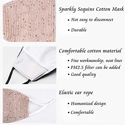 Image of Sparkly Sequins Mouth Masc Fashion Designer Glitter Cotton Face Cover With Adjustable Ear Loops Reusable Masquerade Party Nightclub Rave Festival Sequins Face Covering (Pink)