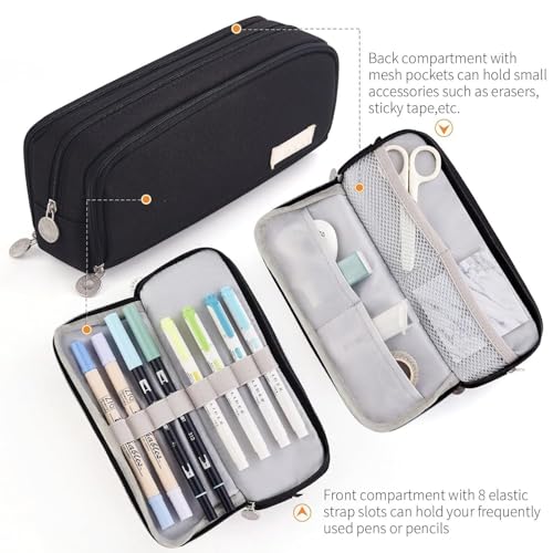 Image of Canvas School Bag Pencil Case, 3 Layer 6 Compartment Large Capacity, Aesthetic Pencil Pouch for Stationary, Cute Stationery for Kids, Pencil Case for Girls & Boys (Special Black)