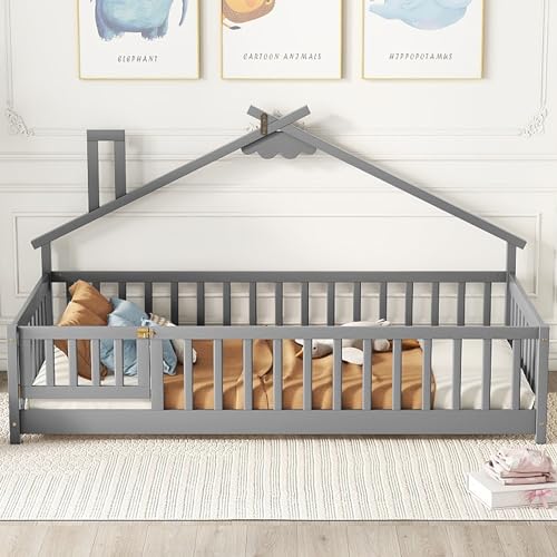 Twin-House-Shaped-Bedside-Floor-Bed-with-Guardrails-Slats-with-DoorGrey Twin House Shaped Bedside Floor Bed with Guardrails Slats with DoorGrey
