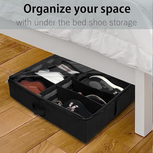 Image of SHIBUI Under Bed Shoe Organizer with Zipper-Dustproof & Space-Saving Storage for Sneakers, Heels & Boots, Adjustable Compartments, 24.5 x 29 x 5.5 Inch. (Polyster Black, Pack of 1)