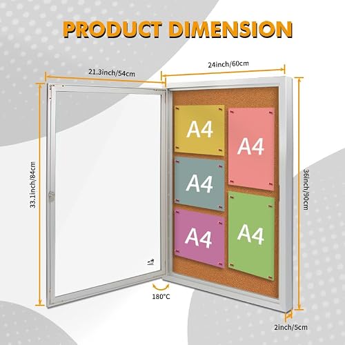 Concealed LED Enclosed Bulletin Board with Locking Tempered Glass Door - Weatherproof Lockable Notice Board for Outdoor & Indoor Use in Office, School, Restaurant
