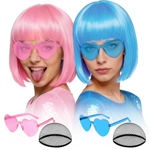 Image of MEEZY 2 Pcs Colorful Bob Wigs with Bangs Pink Sky Blue for Women, Neon Funny Wig Short Bob Hair with Heart Sunglasses Hair Cap for Halloween Costume Cosplay Birthday Bachelorette Party Carnival