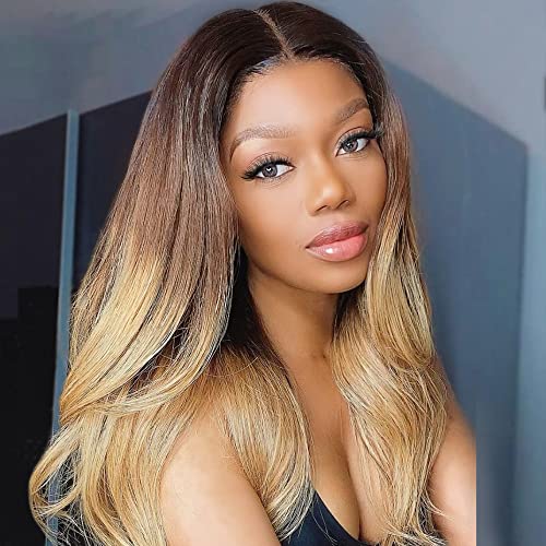 Nnzes Long Wavy Wigs for Women Synthetic Middle Part Hair Replacement Wigs Heat Resistant Fiber for Daily Use (Ombre Blonde)