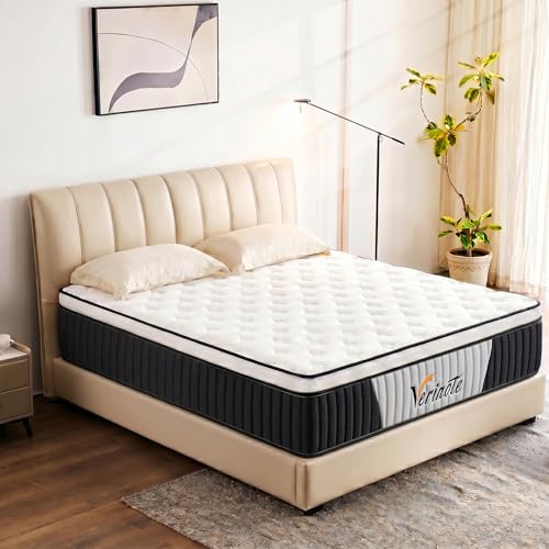 VERINOTE 12 Inch Queen Mattress, Medium Firm Hybrid Memory Foam, 7-Zone Body Support for Pressure Relief, Motion Isolation, Queen Mattress in a Box, White Breathable Textured Fabric Mattresses