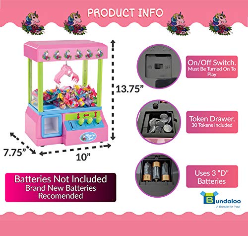 Bundaloo Unicorn Claw Machine Arcade Game and Candy Dispenser for Small Prizes Toys and Treats, Plays Original Arcade Music Sounds, Cool Mini Vending Machine