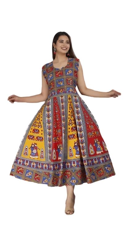 Womens' Cotton Fit & Flare Printed Sleeveless Maxi Dress-image-29