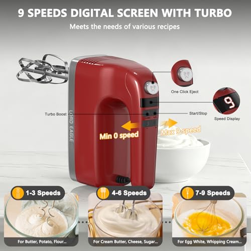 Image of Lord Eagle 9-Speed Digital Hand Mixer Electric Handheld, 500W DC Motor Kitchen Mixer for Cake Baking, Lightweight Egg Beaters with Stain-resistant & Waterproof Storage Bag & 6 Accessories, Red
