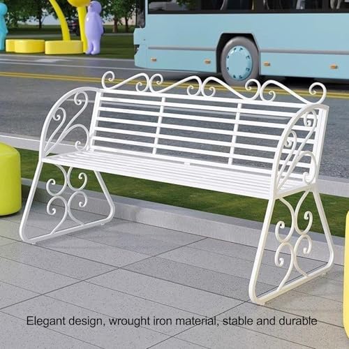 Metal Outdoor Garden Bench, Cast Iron Metal Frame Patio Park Bench, 2-Person Outdoor Benches with Backrest and Armrests, Patio Dining Bench Front Porch Benches(White) - Image 5