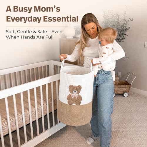 Image of Teddy Bear Baby Laundry Basket, Tall Woven Rope Nursery Hamper, 20x15 in