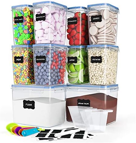 10 Pack Airtight Food Storage Container Set - Kitchen Pantry Organization Containers, Plastic Canister for Flour, Sugar and Baking Supplies, with Labels and Measuring Spoons