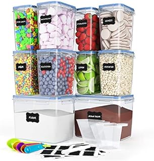 10 Pack Airtight Food Storage Container Set - Kitchen Pantry Organization Containers, Plastic Canister for Flour, Sugar and Baking Supplies, with Labels and Measuring Spoons