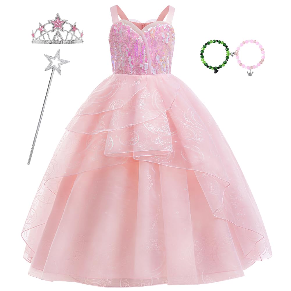 keaiyouhuo Kids Pink Witch Costume for Girls Pink Princess Sequins Tulle Dress Halloween Cosplay Outfits with Crown and Wand