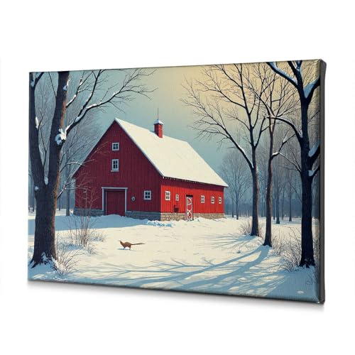Toile salle de bain forêt enneigée 40x60 cadre grange rouge paysagère