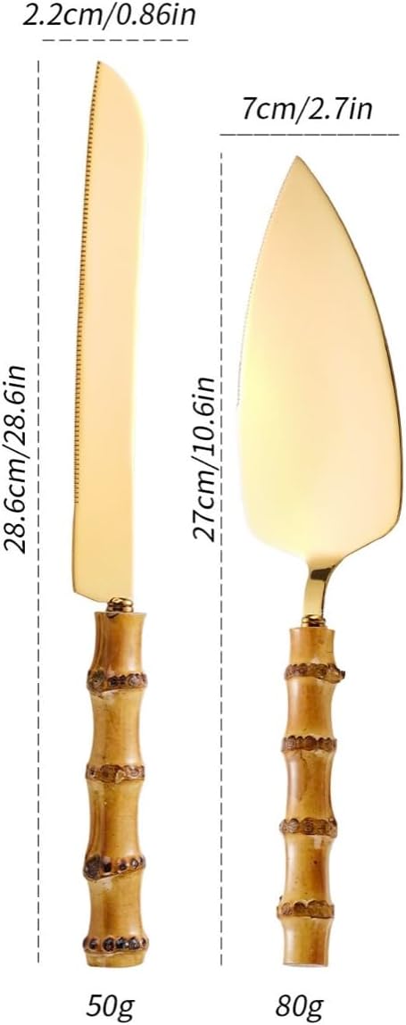 Nature Material Handle Flatware, 5-Piece Set, Stainless Steel 18/10 Food Safety Grade Silverware Cutlery Set Eating Utensils (Gold Cake server set)