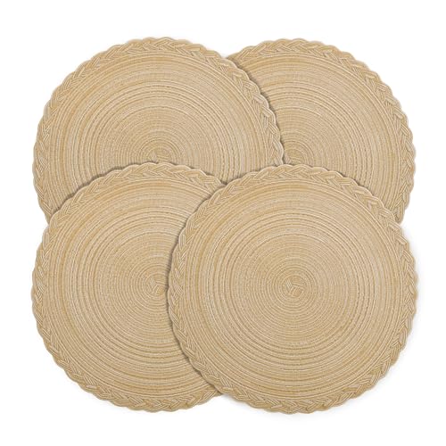 fanquare Round Placemats Set of 4, 38 cm Khaki Cotton Woven Heat Resistant Placemats Pot Mat, Non Slip Washable Table Mat for Kitchen Dinner Table