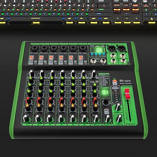 USB MP3 DI-8UX-Serie 48V Professioneller Mischpult Mixer Audio mit 99 DSP Digitaleffekten Phantomspeisung Mikrofonvorverstärker für DJ Mixer Konsole Tonstudio