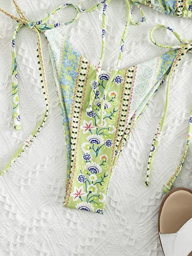 Wdirara Women's Floral Print Tie Side Swimwear Straps Bikini Sets Swimsuits Green Xs #TOP3