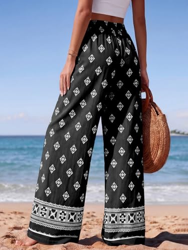 Image of PRETTYGARDEN Womens Pants Elastic Waist Floral Lightweight Palazzo Pants for Women Casual Lounge Wide Leg Pants Woman