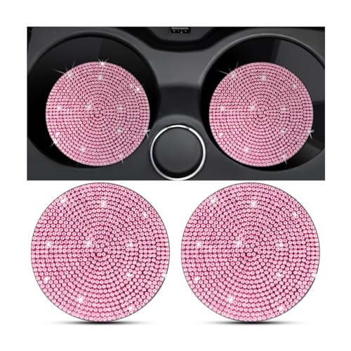 KHGUZ 2PCS Bling Car Cup Holder Coaster, Crystal Rhinestone Non-Slip Insert Auto Cup Pads, Sparkling Vehicle Decor Bottle Mat Accessories for Women Girls, Universal for RV, SUV, Truck (Pink)