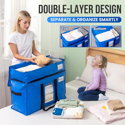Image of TAILI 2 Tier Extra Large Moving Bags, 2 Pack Blue Heavy Duty Totes For Storage with Visible Window, Wrap Around Handles, Storage Bags for Space Saving, Alternative to Moving Boxes