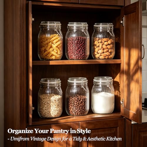 Image of ComSaf Ribbed Glass Storage Jars Airtight Lids 34oz 3 Pack Pantry Flour | BPA-free food-grade glass, ribbed texture, bulk flour & rice, pantry organization, kitchen canister set